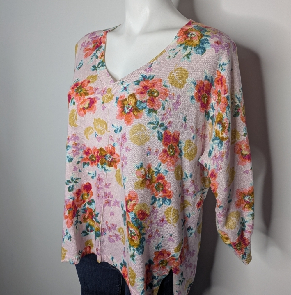 Sundance Pink Yellow Floral Lightweight Cotton V Neck Sweater M - Picture 3 of 9